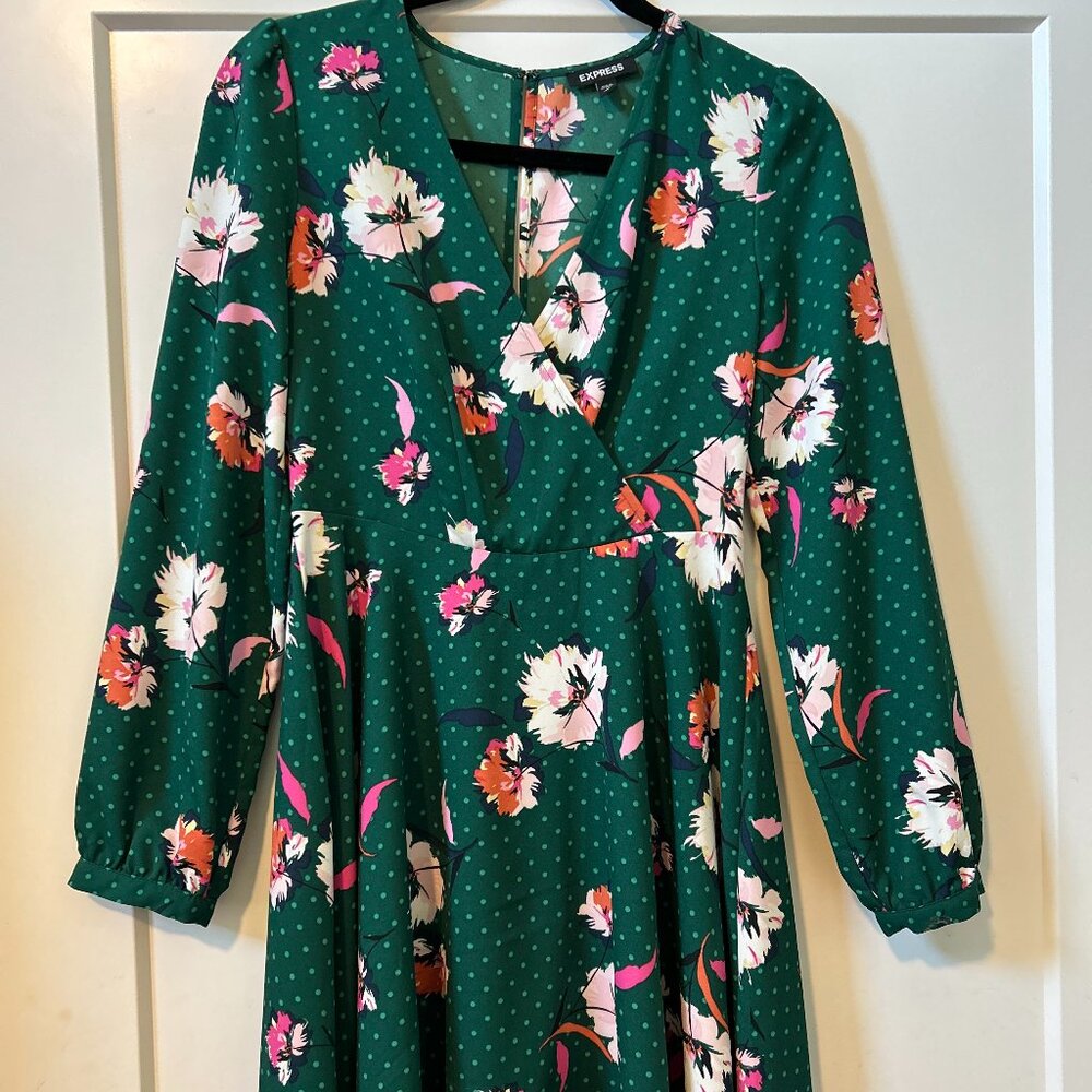 Express l Mixed Print Surplice Long Sleeve Mini Dress